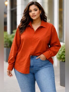 doc and amelia women’s Orange Button Down long sleeve Shirt